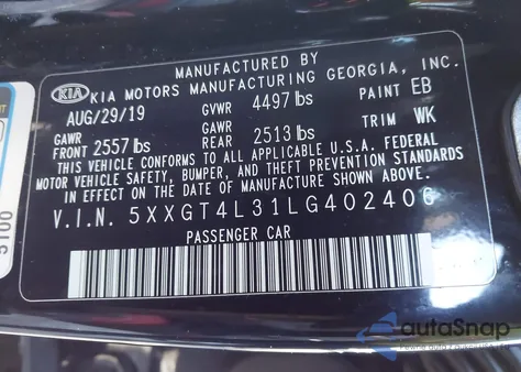 2020 Kia Optima Lx z USA, uszkodzony, nr VIN 5XXGT4L31LG402406